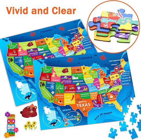 لغز خريطة الولايات المتحدة للأطفال الذين تتراوح أعمارهم بين 6-8 8-10 10-12 - 200 قطعة من الصور المقطوعة الأرضية مع ملصق - منشار جغرافي تعليمي للولايات المتحدة الأمريكية مع 50 دولة وعواصم - لغز خريطة كبير هدية STEM للأولاد والبنات in Kuwait