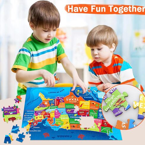 لغز خريطة الولايات المتحدة للأطفال الذين تتراوح أعمارهم بين 6-8 8-10 10-12 - 200 قطعة من الصور المقطوعة الأرضية مع ملصق - منشار جغرافي تعليمي للولايات المتحدة الأمريكية مع 50 دولة وعواصم - لغز خريطة كبير هدية STEM للأولاد والبنات in Kuwait
