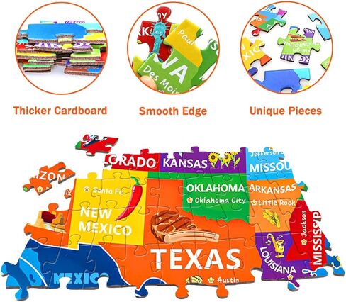 لغز خريطة الولايات المتحدة للأطفال الذين تتراوح أعمارهم بين 6-8 8-10 10-12 - 200 قطعة من الصور المقطوعة الأرضية مع ملصق - منشار جغرافي تعليمي للولايات المتحدة الأمريكية مع 50 دولة وعواصم - لغز خريطة كبير هدية STEM للأولاد والبنات in Kuwait