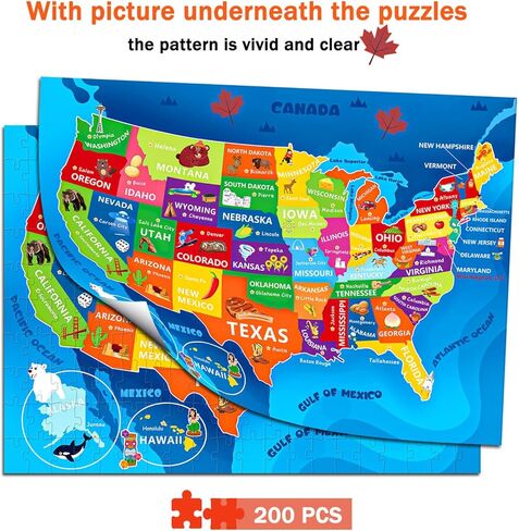 لغز خريطة الولايات المتحدة للأطفال الذين تتراوح أعمارهم بين 6-8 8-10 10-12 - 200 قطعة من الصور المقطوعة الأرضية مع ملصق - منشار جغرافي تعليمي للولايات المتحدة الأمريكية مع 50 دولة وعواصم - لغز خريطة كبير هدية STEM للأولاد والبنات in Kuwait