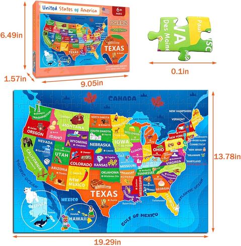 لغز خريطة الولايات المتحدة للأطفال الذين تتراوح أعمارهم بين 6-8 8-10 10-12 - 200 قطعة من الصور المقطوعة الأرضية مع ملصق - منشار جغرافي تعليمي للولايات المتحدة الأمريكية مع 50 دولة وعواصم - لغز خريطة كبير هدية STEM للأولاد والبنات in Kuwait