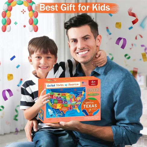 لغز خريطة الولايات المتحدة للأطفال الذين تتراوح أعمارهم بين 6-8 8-10 10-12 - 200 قطعة من الصور المقطوعة الأرضية مع ملصق - منشار جغرافي تعليمي للولايات المتحدة الأمريكية مع 50 دولة وعواصم - لغز خريطة كبير هدية STEM للأولاد والبنات in Kuwait