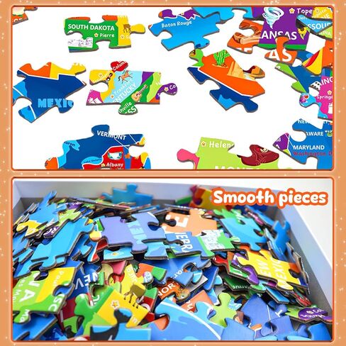 لغز خريطة الولايات المتحدة للأطفال الذين تتراوح أعمارهم بين 6-8 8-10 10-12 - 200 قطعة من الصور المقطوعة الأرضية مع ملصق - منشار جغرافي تعليمي للولايات المتحدة الأمريكية مع 50 دولة وعواصم - لغز خريطة كبير هدية STEM للأولاد والبنات in Kuwait