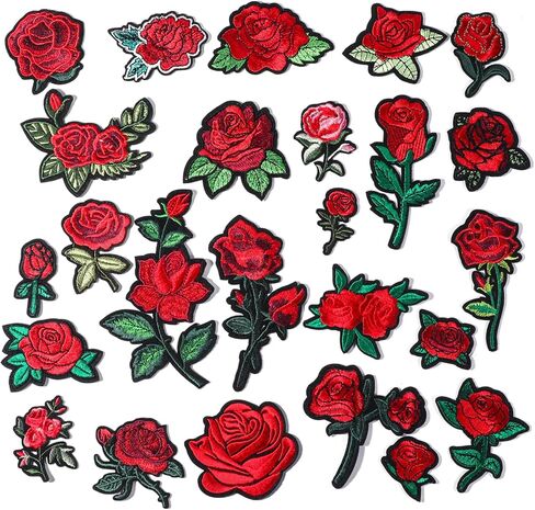 25pcs Assorted Sizes Iron on Rose Patches, Red Floral Embroidered Patches Applique Valentines Patch for Clothes Jacket Jeans Hats Backpacks in Saudi Arabia