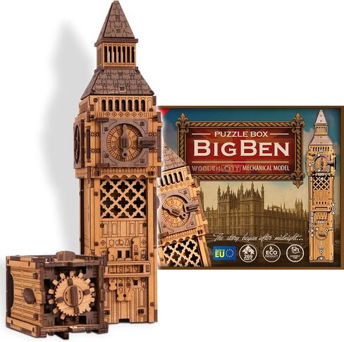 WOODEN.CITY Puzzle Box Big Ben – 3D Wooden Puzzle for Adults | Escape Room Challenge | Cluebox Style Wooden Trick Puzzle | Hard Brain Teaser | No Glue Required | Made in EU in Saudi Arabia