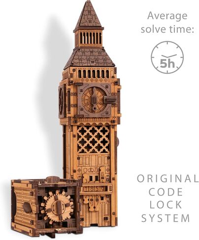 WOODEN.CITY Puzzle Box Big Ben – 3D Wooden Puzzle for Adults | Escape Room Challenge | Cluebox Style Wooden Trick Puzzle | Hard Brain Teaser | No Glue Required | Made in EU in Saudi Arabia