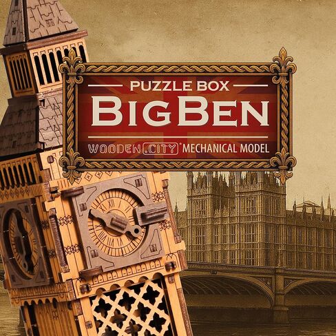 WOODEN.CITY Puzzle Box Big Ben – 3D Wooden Puzzle for Adults | Escape Room Challenge | Cluebox Style Wooden Trick Puzzle | Hard Brain Teaser | No Glue Required | Made in EU in Saudi Arabia