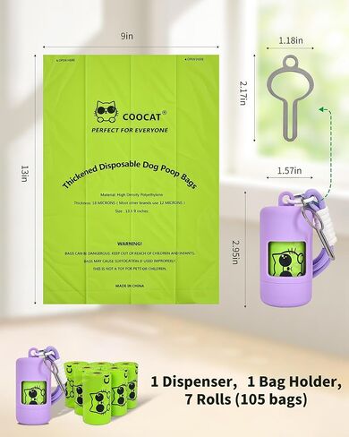 Dog Poop Bags with Dispenser & Holder, Guaranteed Leak Proof, Unscented Extra Thick Heavy Duty Tear-resistant 18-Micron Waste Bag Refill Rolls (Purple (105-Bags, 1-Dispenser)) in Saudi Arabia