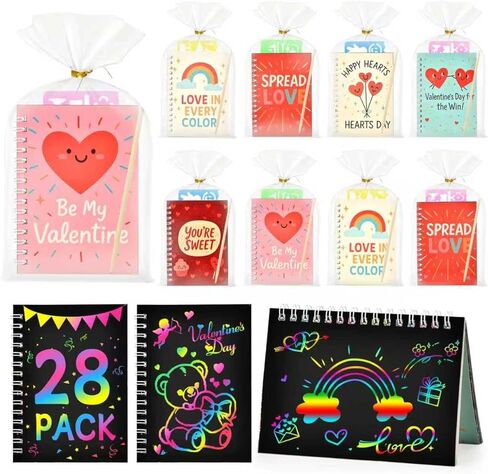28 Pack Valentines Day Gifts for Kids Classroom - Rainbow Scratch Art Notebooks, Non-Candy Party Favors for School Exchange, Fun DIY Craft Activity & Valentine Cards for Boys Girls in Saudi Arabia