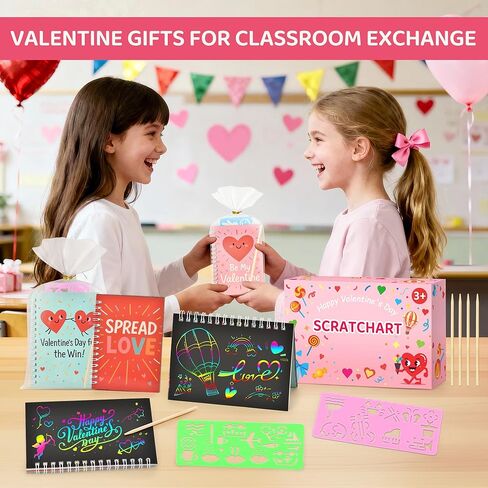 28 Pack Valentines Day Gifts for Kids Classroom - Rainbow Scratch Art Notebooks, Non-Candy Party Favors for School Exchange, Fun DIY Craft Activity & Valentine Cards for Boys Girls in Saudi Arabia