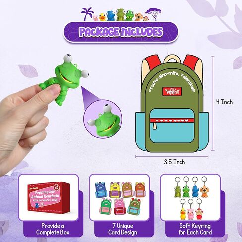 4E's Novelty 24 Pack Popping Eye Animal Keychain with Kids Valentines Cards, Squeezable Pop Eye School Valentines Gift for Kids Classroom Exchange Boys Girls Bulk, Valentines Party Favors in Saudi Arabia