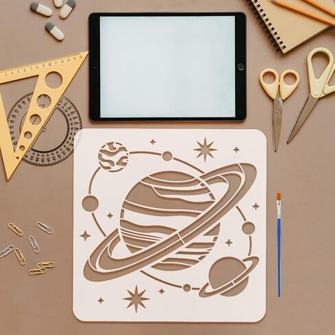FINGERINSPIRE Celestial Galaxies Painting Stencil with Paint Brush 11.8x11.8inch Reusable Stars Planets Drawing Template Plastic PET Earth Pattern Stencil Science Theme Template for Decor in Saudi Arabia
