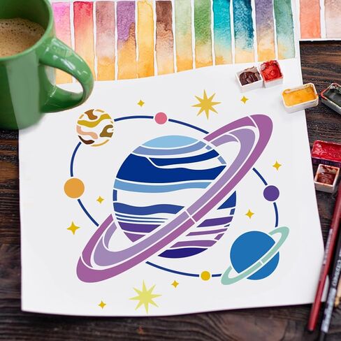 FINGERINSPIRE Celestial Galaxies Painting Stencil with Paint Brush 11.8x11.8inch Reusable Stars Planets Drawing Template Plastic PET Earth Pattern Stencil Science Theme Template for Decor in Saudi Arabia
