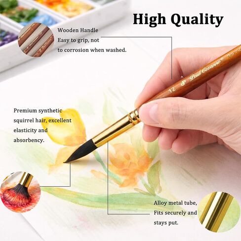 فرش ألوان مائية احترافية، 11 قطعة من فرش الرسم بالألوان المائية لفناني السناجب الاصطناعية - نقطة ممتدة، مسطحة، مدببة مستديرة، لسان القطط، خنجر للألوان المائية، طلاء أكريليك (11، بني) in Kuwait