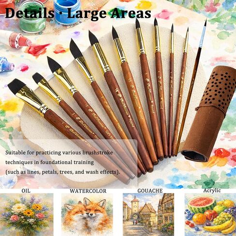 فرش ألوان مائية احترافية، 11 قطعة من فرش الرسم بالألوان المائية لفناني السناجب الاصطناعية - نقطة ممتدة، مسطحة، مدببة مستديرة، لسان القطط، خنجر للألوان المائية، طلاء أكريليك (11، بني) in Kuwait