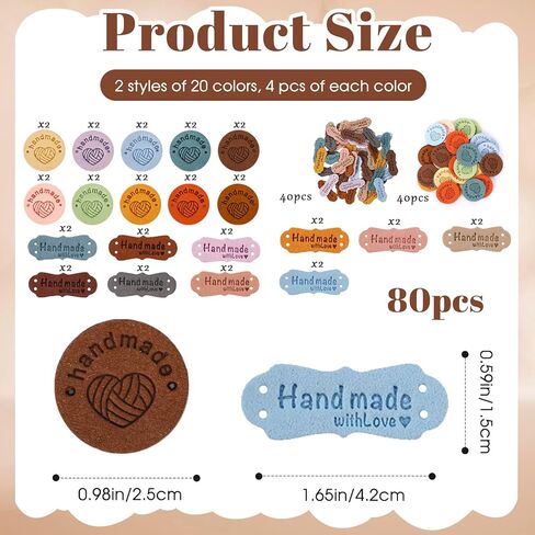 80pcs Crochet Labels for Handmade Items, Artificial Colorful Leather Labels with Love Handmade Embossed Crochet Tags with Holes for Knitting Sewing Hats DIY Crafts in Saudi Arabia