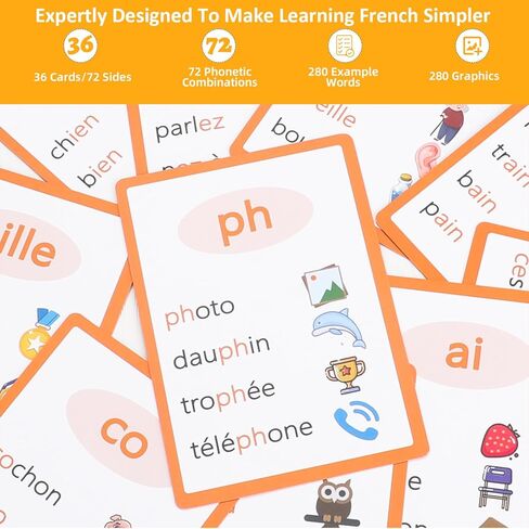 البطاقات التعليمية الصوتية الفرنسية - تغطي جميع الأصوات الفرنسية البالغ عددها 36 - 16 حرفًا متحركًا، و17 حرفًا ساكنًا، و3 حروف شبه متحركة in Kuwait
