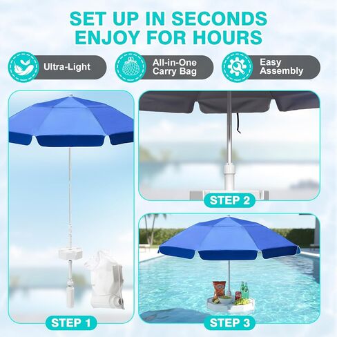 Floating Pool Umbrella, Outdoor Floating Umbrella for Inside of Pool with Weighted Base, 4 Cupholders Floating tablel with Sun Shade, No-Tools Setup for Pool, Lake & Beach in Saudi Arabia