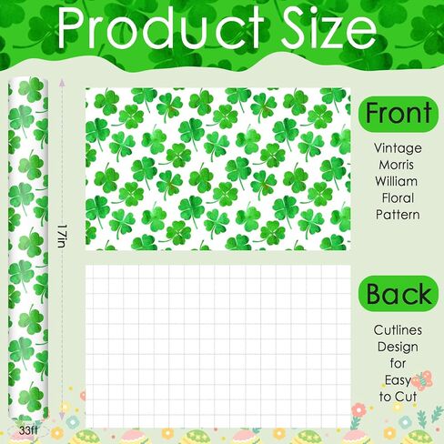 Fabllewavi 1 Roll Shamrock Wrapping Paper Mini Roll - 17in x 32.8Ft Reversible Green Clover Pattern Gift Wrap Paper for St. Patrick's Day DIY Crafts Irish Party Supplies in Saudi Arabia