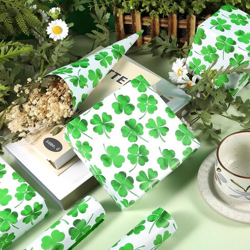 Fabllewavi 1 Roll Shamrock Wrapping Paper Mini Roll - 17in x 32.8Ft Reversible Green Clover Pattern Gift Wrap Paper for St. Patrick's Day DIY Crafts Irish Party Supplies in Saudi Arabia