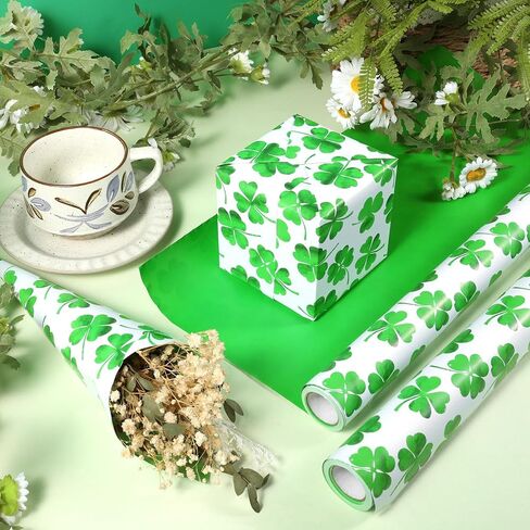 Fabllewavi 1 Roll Shamrock Wrapping Paper Mini Roll - 17in x 32.8Ft Reversible Green Clover Pattern Gift Wrap Paper for St. Patrick's Day DIY Crafts Irish Party Supplies in Saudi Arabia