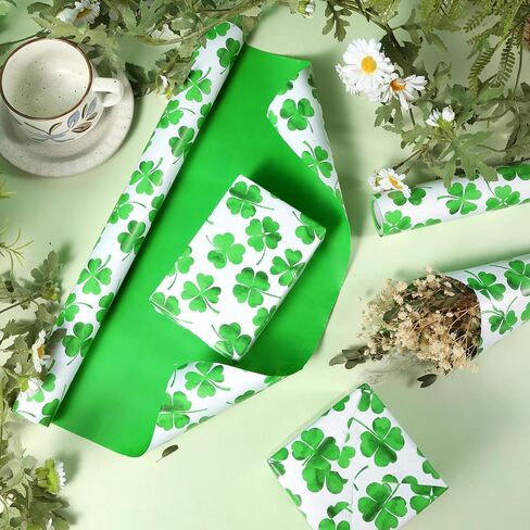 Fabllewavi 1 Roll Shamrock Wrapping Paper Mini Roll - 17in x 32.8Ft Reversible Green Clover Pattern Gift Wrap Paper for St. Patrick's Day DIY Crafts Irish Party Supplies in Saudi Arabia