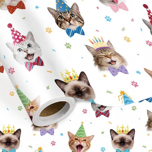 LeZakaa Funny Birthday Cat Wrapping Paper Roll, Party Hat & Bowtie Cat Pattern Gift Wrap for Kids Birthday, Pet Lovers, Party Gifts, Mini Roll 17 in x 16.4 Feet in Saudi Arabia