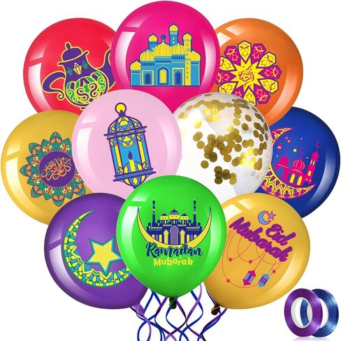60 قطعة من بالونات رمضان مبارك ديكور حفلات عيد مبارك ديكور ذهبي بالونات احتفالية إسلامية مطبوعة بموضوع اللاتكس مع شريطين من أجل ديكور عيد الفطر الإسلامي السعيد 12 بوصة (ملون) in Saudi Arabia