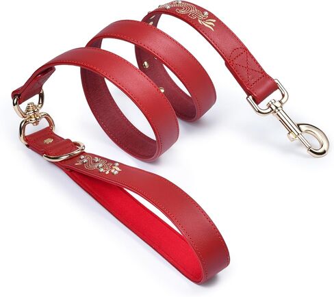 Blueberry Pet Premium Red Leather Dog Leash with Gold Baroque Embroidery in Kuwait