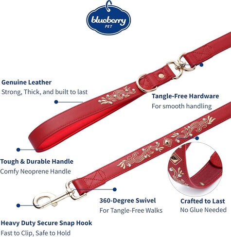 Blueberry Pet Premium Red Leather Dog Leash with Gold Baroque Embroidery in Kuwait