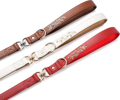 Blueberry Pet Premium Red Leather Dog Leash with Gold Baroque Embroidery in Kuwait