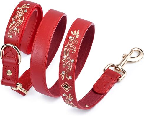 Blueberry Pet Premium Red Leather Dog Leash with Gold Baroque Embroidery in Kuwait
