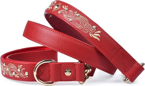 Blueberry Pet Premium Red Leather Dog Leash with Gold Baroque Embroidery in Kuwait