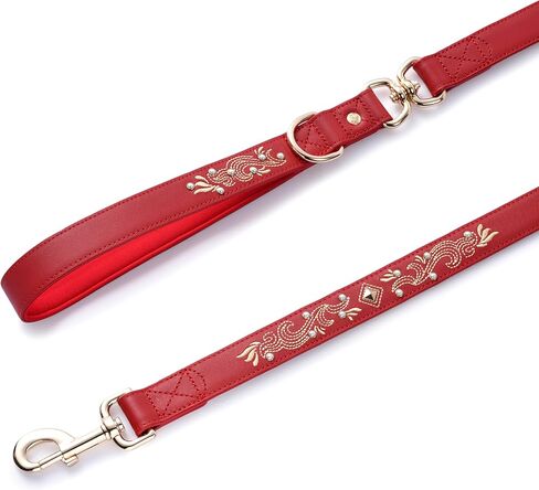 Blueberry Pet Premium Red Leather Dog Leash with Gold Baroque Embroidery in Kuwait