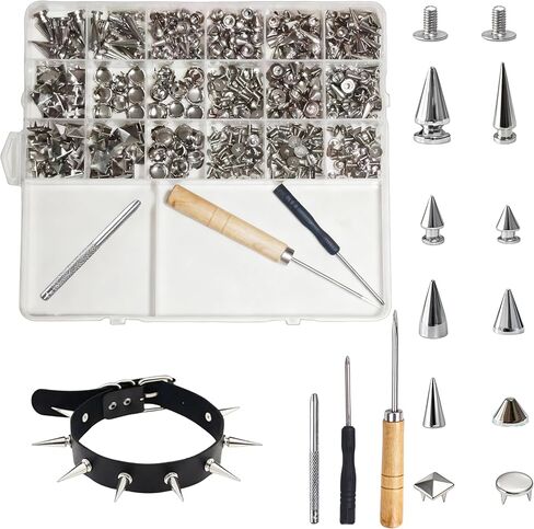 طقم مسامير ومسامير بانك مكونة من 455 قطعة، 10 أحجام مخروطية معدنية ومسامير مربعة للملابس والصناعات الجلدية، ديكور على طراز بانك DIY للسترات والحقائب والأحزمة وأطواق الكلاب in Kuwait