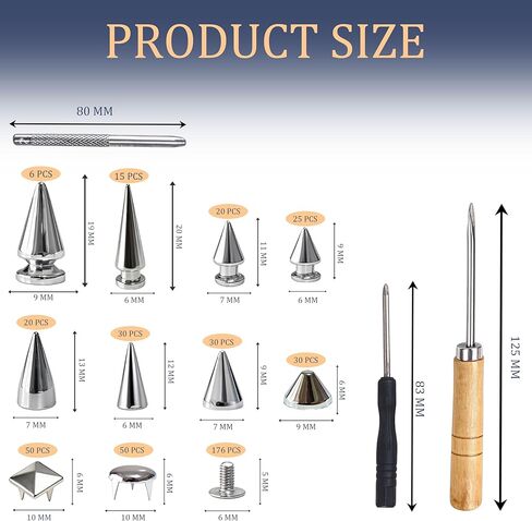 طقم مسامير ومسامير بانك مكونة من 455 قطعة، 10 أحجام مخروطية معدنية ومسامير مربعة للملابس والصناعات الجلدية، ديكور على طراز بانك DIY للسترات والحقائب والأحزمة وأطواق الكلاب in Kuwait