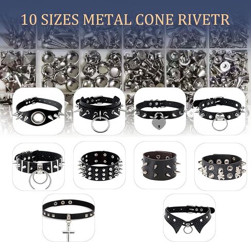 طقم مسامير ومسامير بانك مكونة من 455 قطعة، 10 أحجام مخروطية معدنية ومسامير مربعة للملابس والصناعات الجلدية، ديكور على طراز بانك DIY للسترات والحقائب والأحزمة وأطواق الكلاب in Kuwait