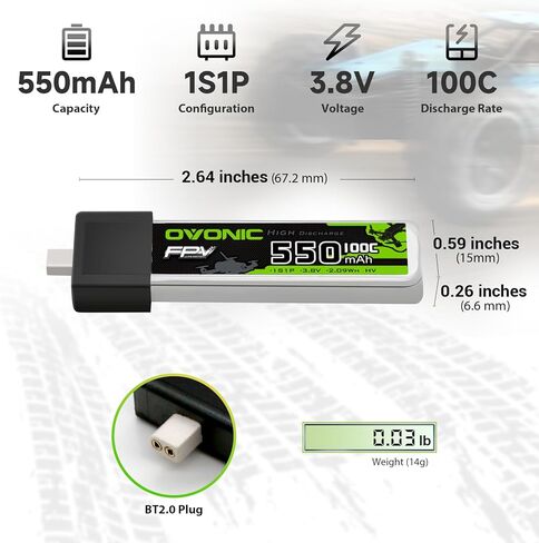 بطارية ليبو OVONIC 1S بقدرة 550 مللي أمبير في الساعة 100C HV 3.8 فولت مع موصل BT2.0 لـ FPV Tiny Whoop (4 قطع) in Saudi Arabia