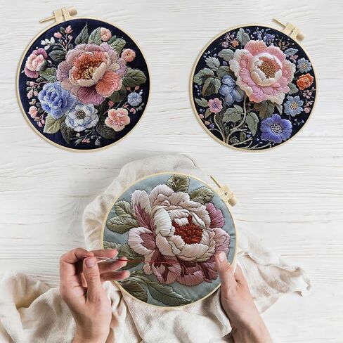Embroidery Kit for Adults, Flowers Embroidery Kits Pre-Stamped Pattern Kits for Adults with Hoop, Easy to Follow Color Thread Needlework for Craft Lover Hand Stitch Type 1 in Saudi Arabia