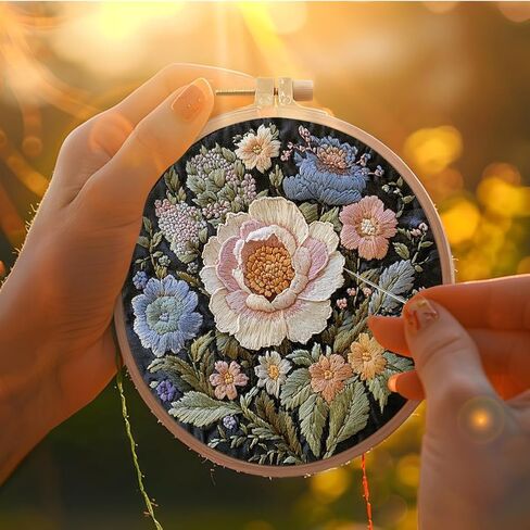 Embroidery Kit for Adults, Flowers Embroidery Kits Pre-Stamped Pattern Kits for Adults with Hoop, Easy to Follow Color Thread Needlework for Craft Lover Hand Stitch Type 1 in Saudi Arabia