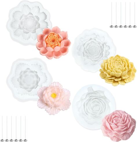 4 عبوات من قوالب شموع السيليكون على شكل زهرة، الفاوانيا والأقحوان والكركديه اللوتس ثلاثية الأبعاد لصناعة الشموع والصابون والإيبوكسي الراتنج للحرف اليدوية مع 12 فتلة in Kuwait