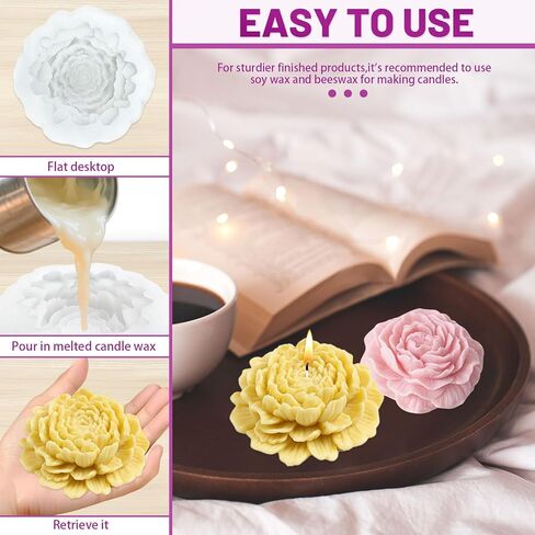4 عبوات من قوالب شموع السيليكون على شكل زهرة، الفاوانيا والأقحوان والكركديه اللوتس ثلاثية الأبعاد لصناعة الشموع والصابون والإيبوكسي الراتنج للحرف اليدوية مع 12 فتلة in Kuwait