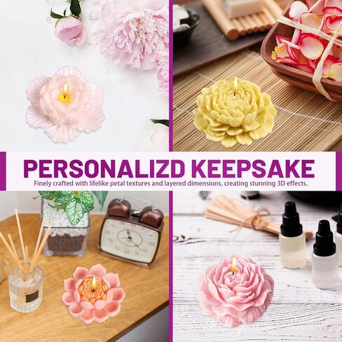 4 عبوات من قوالب شموع السيليكون على شكل زهرة، الفاوانيا والأقحوان والكركديه اللوتس ثلاثية الأبعاد لصناعة الشموع والصابون والإيبوكسي الراتنج للحرف اليدوية مع 12 فتلة in Kuwait