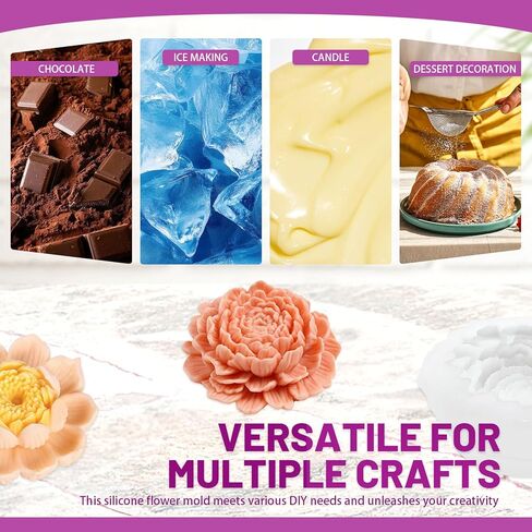 4 عبوات من قوالب شموع السيليكون على شكل زهرة، الفاوانيا والأقحوان والكركديه اللوتس ثلاثية الأبعاد لصناعة الشموع والصابون والإيبوكسي الراتنج للحرف اليدوية مع 12 فتلة in Kuwait