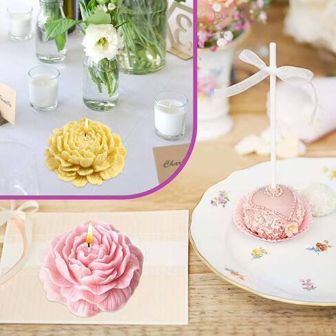 4 عبوات من قوالب شموع السيليكون على شكل زهرة، الفاوانيا والأقحوان والكركديه اللوتس ثلاثية الأبعاد لصناعة الشموع والصابون والإيبوكسي الراتنج للحرف اليدوية مع 12 فتلة in Kuwait