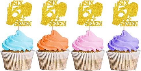 24 قطعة من أغطية الكب كيك المرحة 6 7، I Was 6 Now I'm 7 لعيد الميلاد، 6-7 ستة سبعة مع أعواد كب كيك يدوية لتزيين حفلات أعياد الميلاد/الجيل Z - لمعان بني وأسود in Kuwait