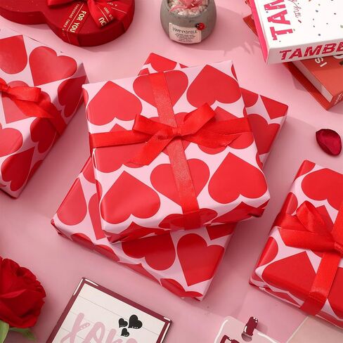 JarThenaAMCS Valentine's Day Wrapping Paper -Mini Roll- 17 In x 32.8 Ft Red Pink Heart Gift Wrap Paper for Wedding Birthday Baby Shower Party Wrapping Supplies in Saudi Arabia