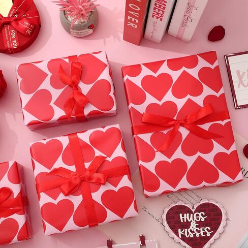 JarThenaAMCS Valentine's Day Wrapping Paper -Mini Roll- 17 In x 32.8 Ft Red Pink Heart Gift Wrap Paper for Wedding Birthday Baby Shower Party Wrapping Supplies in Saudi Arabia