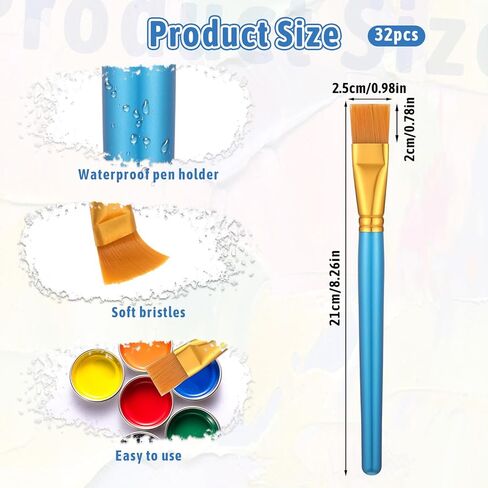 32 Pcs 1 Inch Flat Paint Brushes for Acrylic Painting Watercolor Large Acrylic Paint Brush with Wooden Handles for Acrylic, Watercolor, Oil, Crafts, Face Body Art, Golden in Saudi Arabia