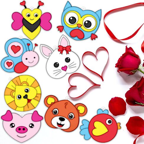 شجرة سيبا 27 مجموعة من الحرف اليدوية لعيد الحب للأطفال DIY على شكل قلب حيوانات Suncatchers مجموعة حرفية لطلاء النوافذ مجموعة فنية اصنع زينة معلقة خاصة بك لأنشطة حفلات عيد الحب in Saudi Arabia